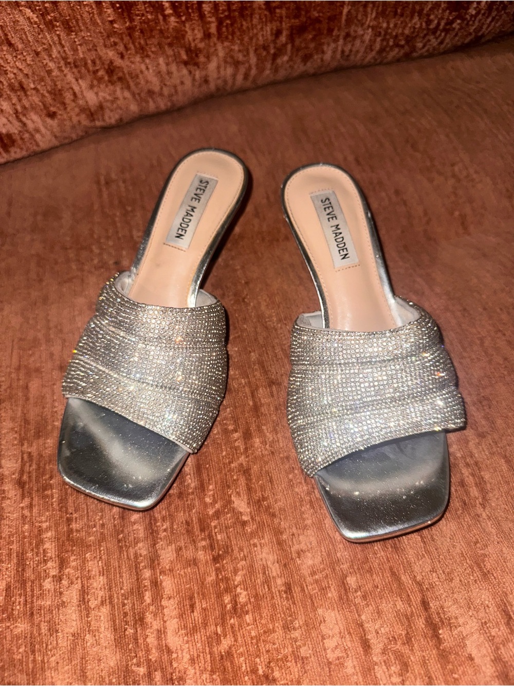 Steve Madden Crystal-Embellished Silver Slide Mules